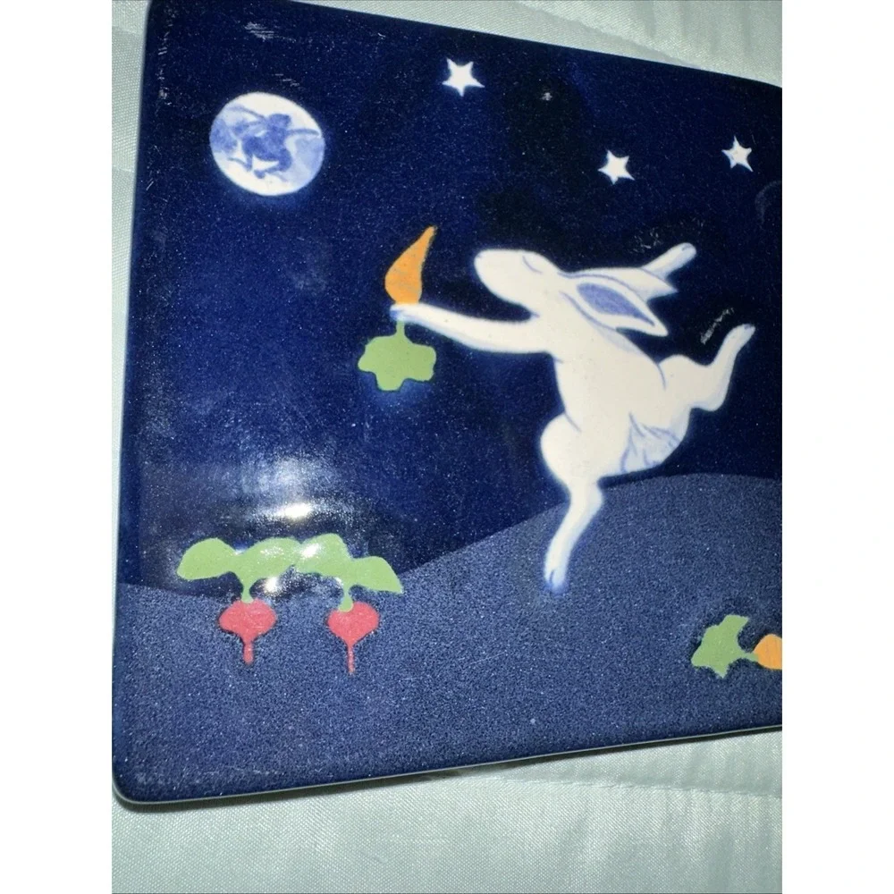 Karen Howell Ceramic Tile Trivet Dancing Rabbit Cobalt Blue Moon 1/4